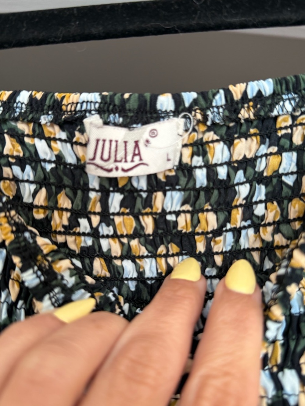 Smocked Puff-Sleeve Midi Dress in Black with Yellow and Cream Print - Picture 3 of 4